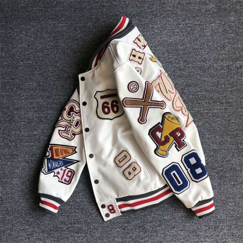 Men's Spring And Autumn Baseball Uniform Men's Handsome Trendy Leather Jacket Heavy Industry Embroidery White Short Coat Ins Hot