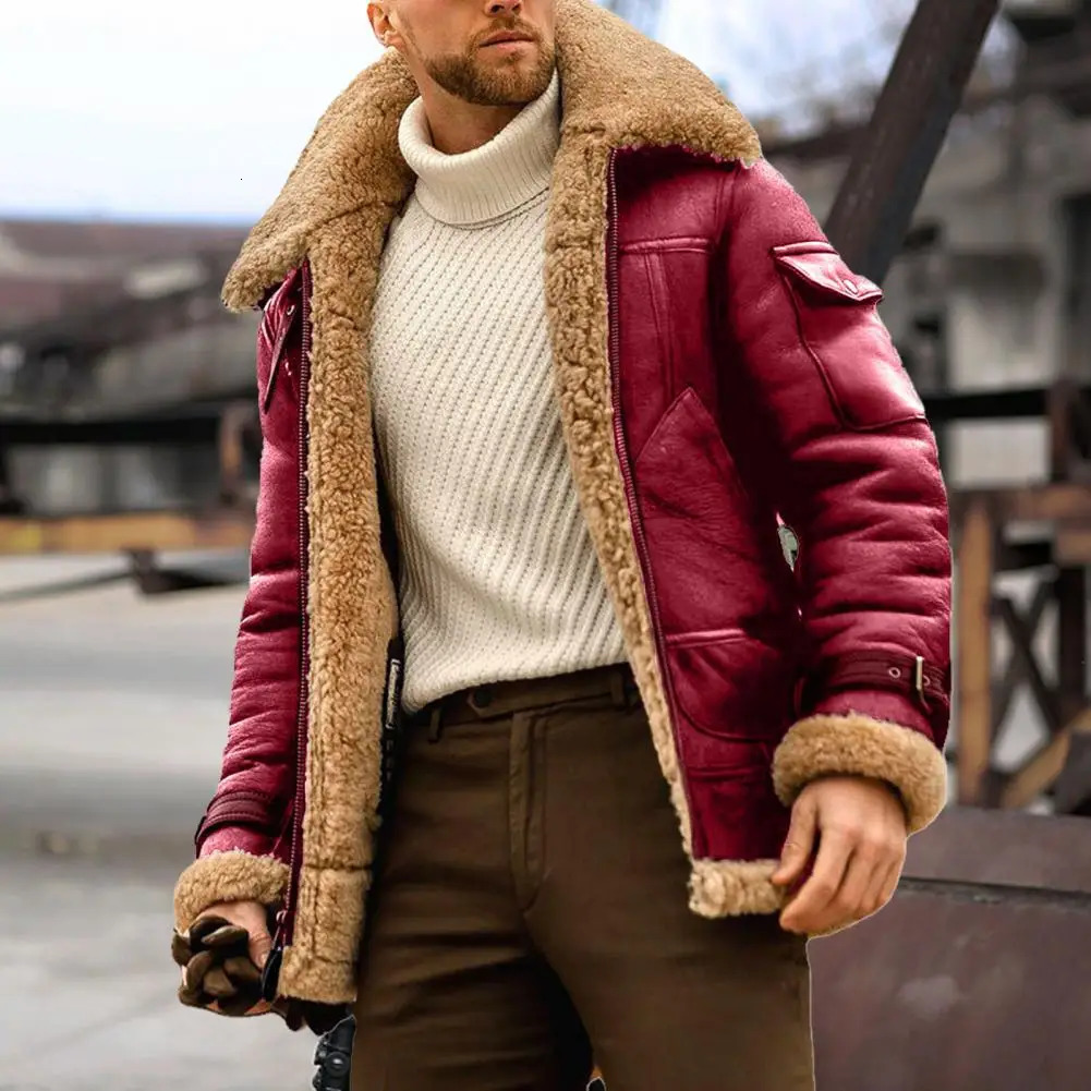 Faux Fur Leather Men Jacket Thickened Plush Lining Winter Jackets Vintage Lapel Furry Coldproof Keep Warm Coat 241120