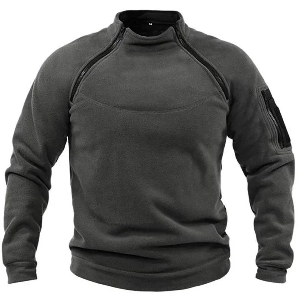 Mens Fleece Pullover Solid Color Standing Collar Jacket Tactical Outdoor Sportwear Coats Male Windproof Thick Sweatshirts 241120