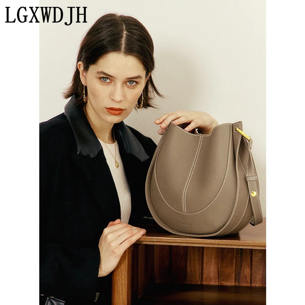 Women's Top Grain Cowhide Shoulder Bag - Retro Saddle Style Crossbody with Deerskin Velvet Lining | Light Luxury Vintage Round Handbag