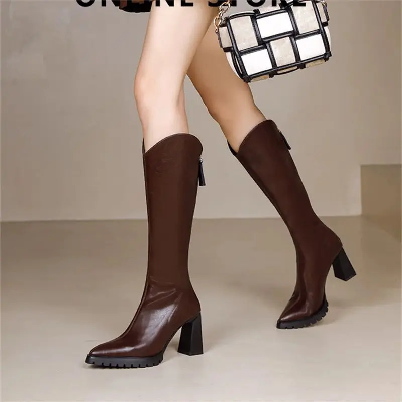 Elegant Heeled Womens Long Boots High Heels Leather Brown Ladies Knee Shaft Shoes Pointed Toe Waterproof Y2k Chic Rock Work 241108