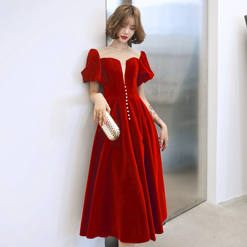 Mesh-satin Patchwork Cheongsam Pearl Puff Sleeve Qipao Bandage Evening Banquet Dresses Perspective Round Collar Sexy Vestidos