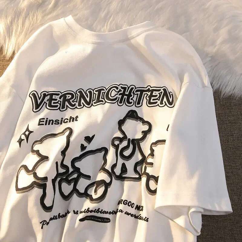 Ins Cotton Cartoon Bear Print T Short-Sleeved Shirt Spring Summer New Loose Men's And Women's Y2k Retro T-Shirt