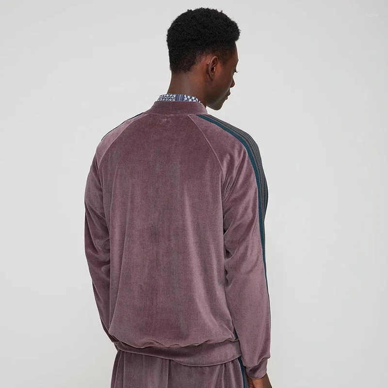 Men's Jackets NEEDLES Cotton Velvet Long Sleeve Track Stripe Webbing Butterfly Embroidery Coat Lapel Collar Zipper Oversize Men Women Jacket