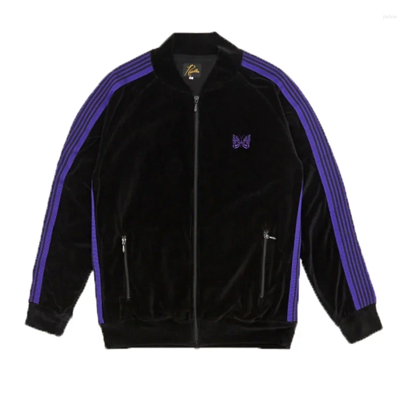 Men's Jackets NEEDLES Cotton Velvet Long Sleeve Track Stripe Webbing Butterfly Embroidery Coat Lapel Collar Zipper Oversize Men Women Jacket