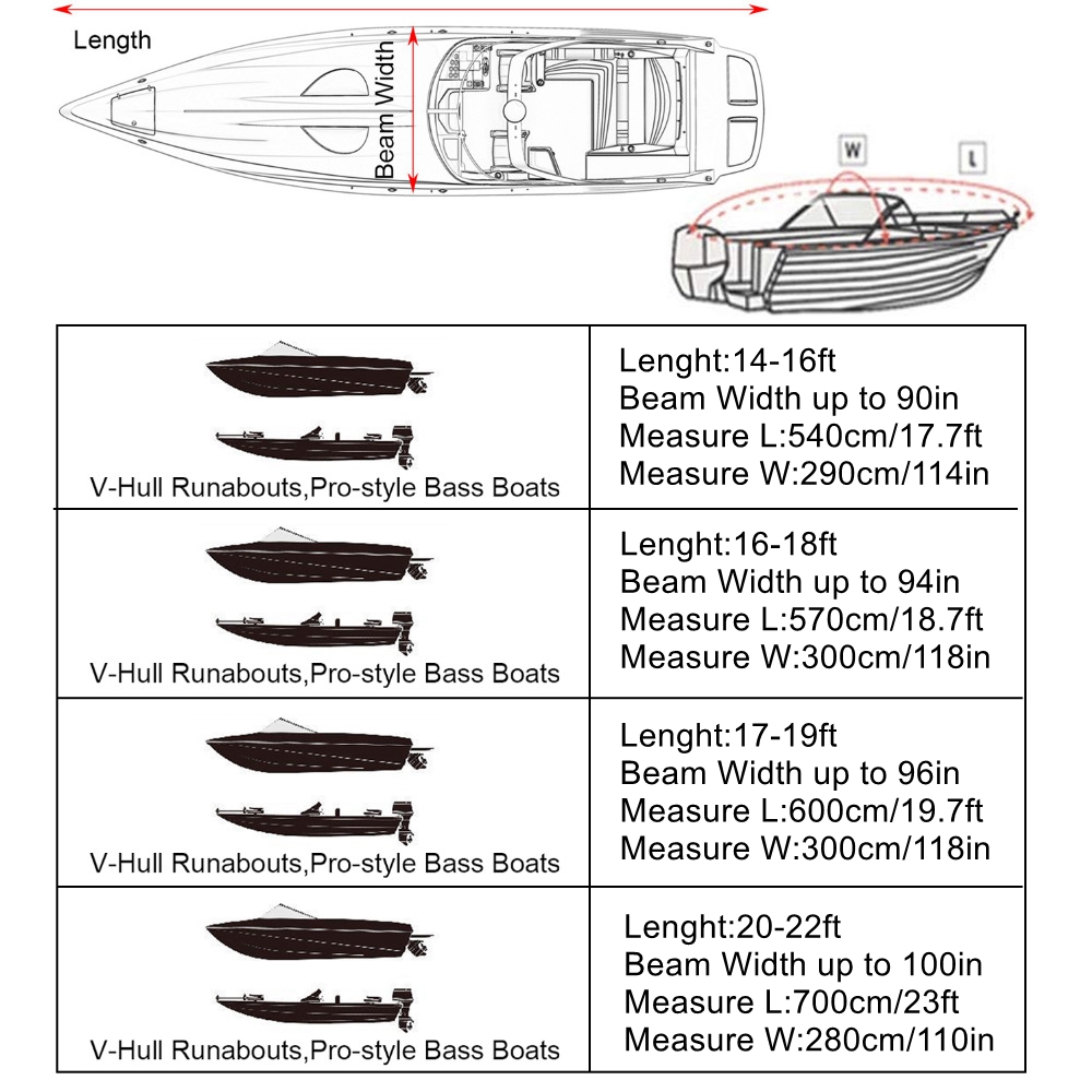 Uxcell 210D Fishing Ski Boat Cover 14-16ft/16-18ft/17-19ft/20-22ft V-Hull Sunproof UV Protector Speedboat Boat Mooring Cover