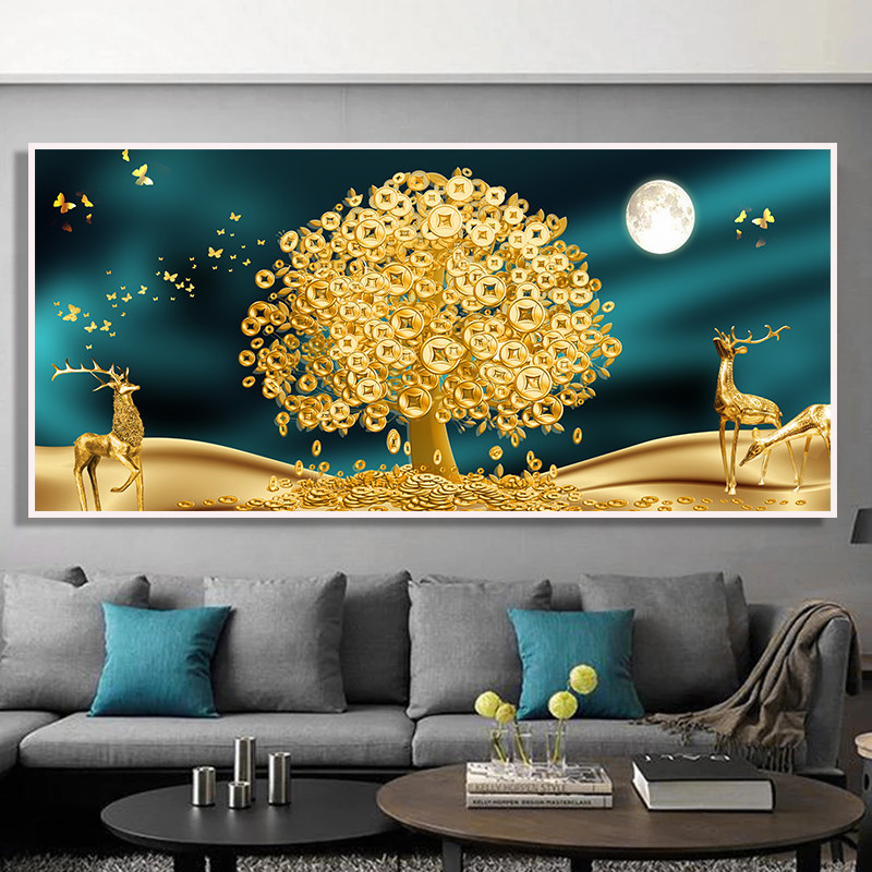 Luxury Lucky Gold Money Tree Canvas Printing Floral Plant Painting Deer and Golden Leaf Poster Home Decor Wall Art Picture Large