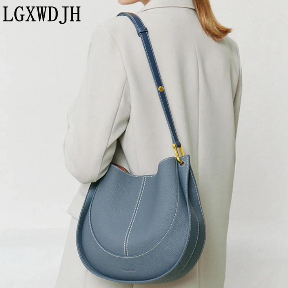 Women's Top Grain Cowhide Shoulder Bag - Retro Saddle Style Crossbody with Deerskin Velvet Lining | Light Luxury Vintage Round Handbag