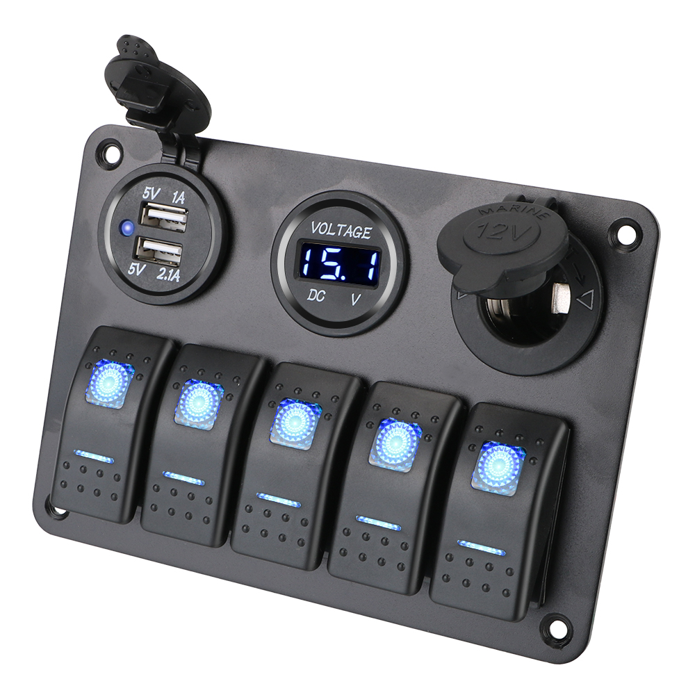 5 Gang LED Rocker Switch Panel USB Chargers 3.0 Socket Digital Voltage 12V 24V Truck Light Toggle Power Adapter Car Accessories