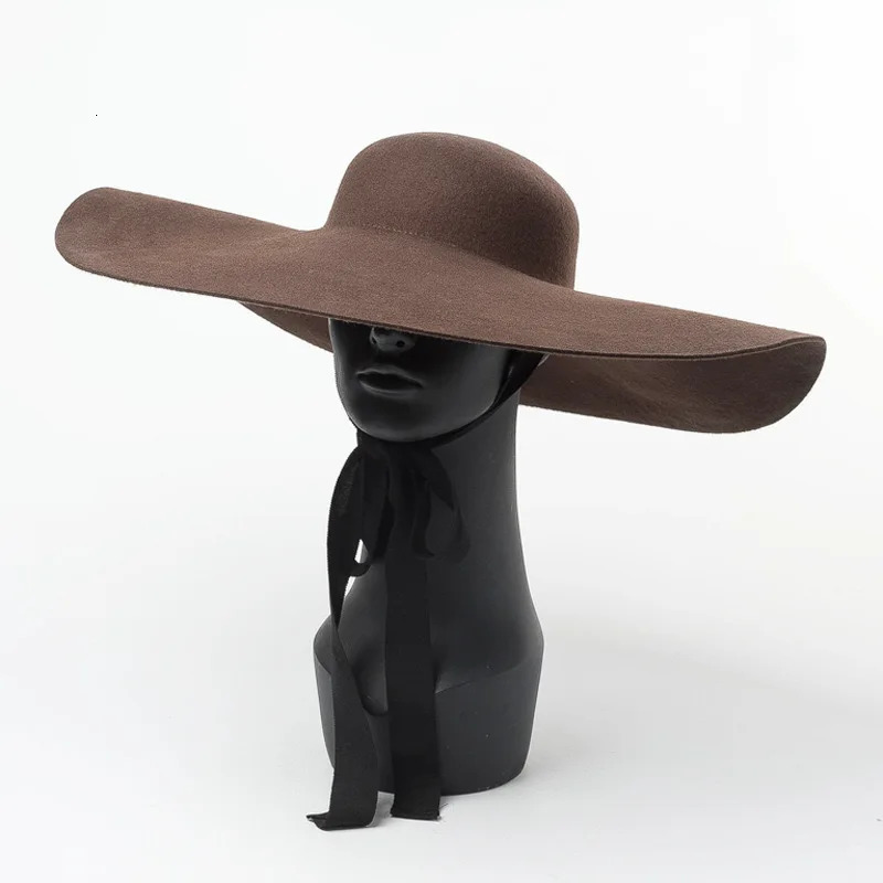 Black Wide Brim Wool Felt Hat Chic Floppy Warm Winter Trilby Church Dress Wedding Fedora Jazz Cap Fashion Men Women Panama 240410