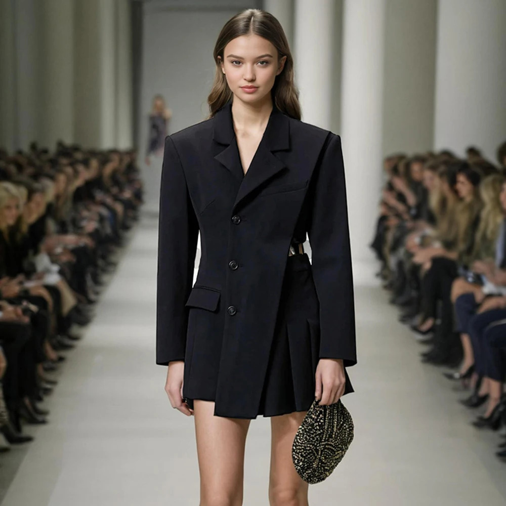 Personalized Women's Blazer Black Pleated Hollow Out Suit Jacket Solid Single Breasted Slim Office Lady Elegant Blazers