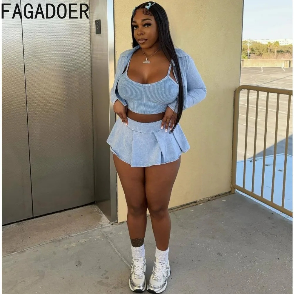 FAGADOER Sexy Y2K Solid Pleated Skirts Three Piece Sets Women VestLong Sleeve Crop Coats Super Mini Outfits Streetwear 240329