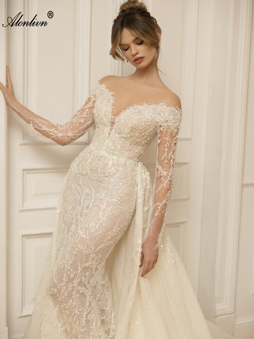 Elegance 2 In 1 Mermaid Wedding Dress Stunning Beading Pearls Appliques Lace With Removable Tulle Train Illusion Neck Full Sleeves Trumpet Bridal Gown