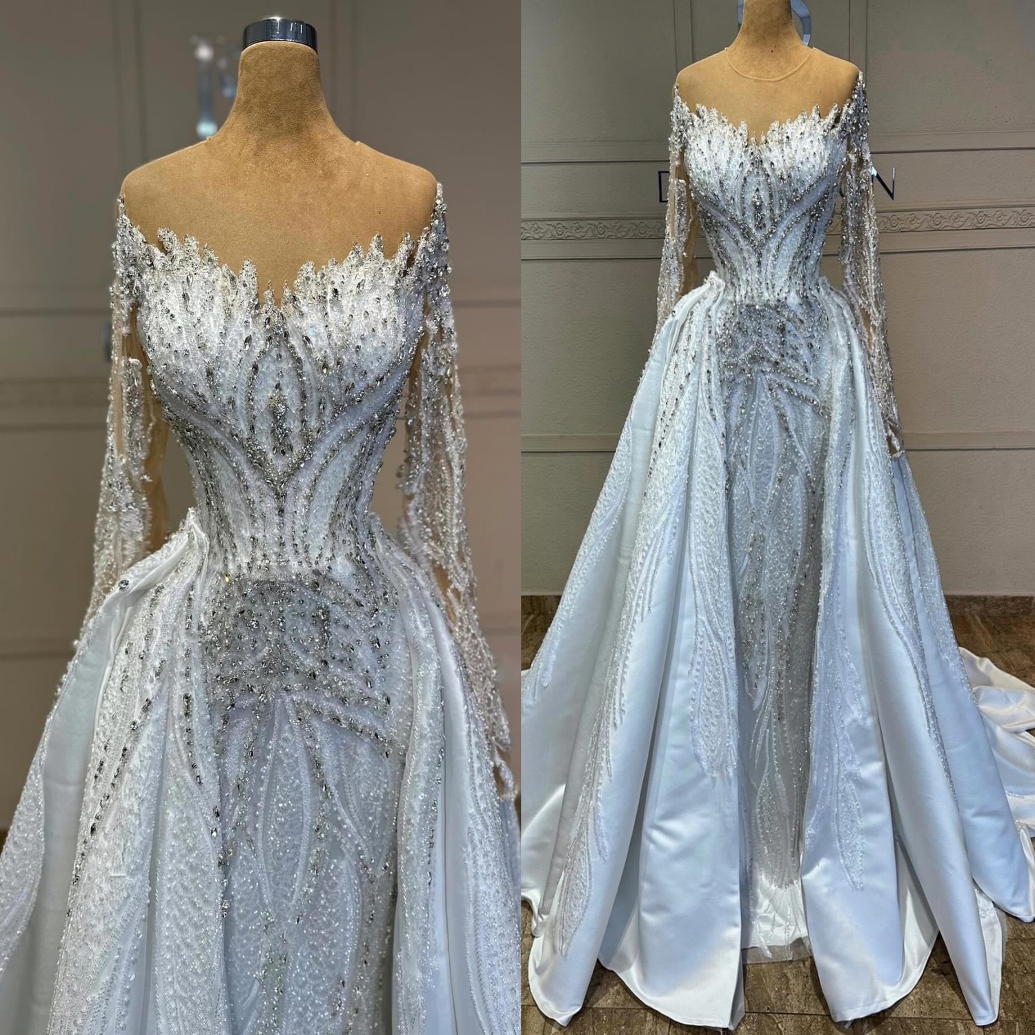 2024 Arabic Aso Ebi Off White Luxurious Mermaid Wedding Dresses Rhinestones Detachable Sequined Lace Vintage Bridal Gowns Dress ZJ033