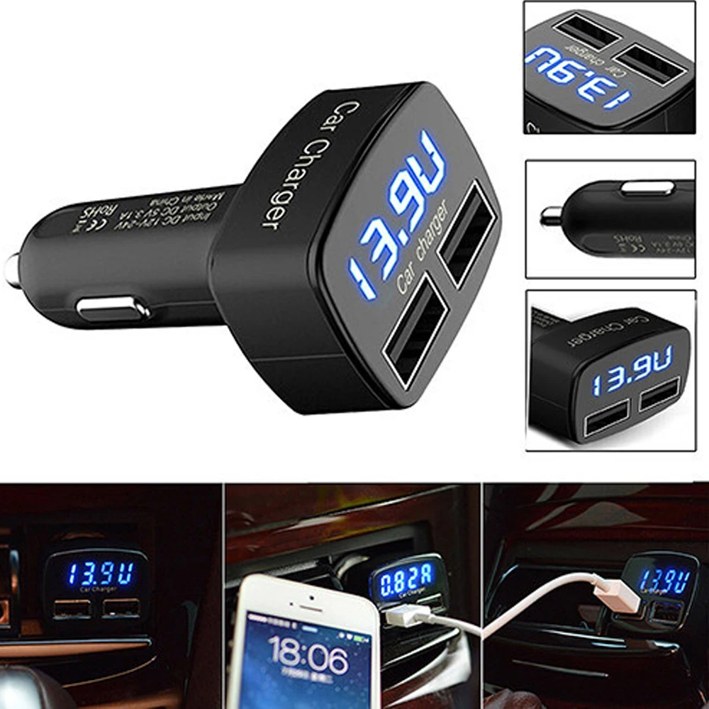 Universal DC 5V 3.1A 4 In 1 Dual USB Car Quick Charger Voltage/temperature/Current Meter Tester Adapters Digital LED Display