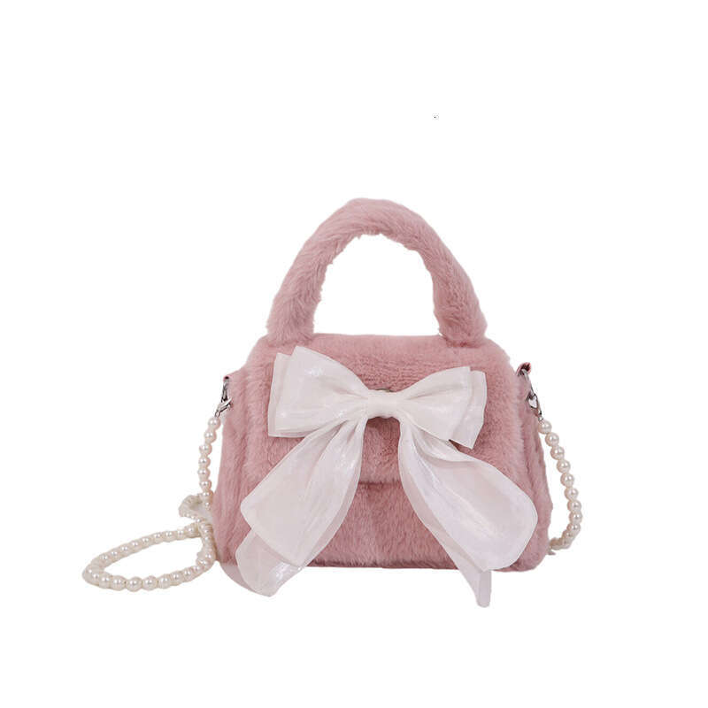 Cute Bow 2024 New Sweet Girl Commuter Plush Pearl Handheld One Shoulder Crossbody Bag