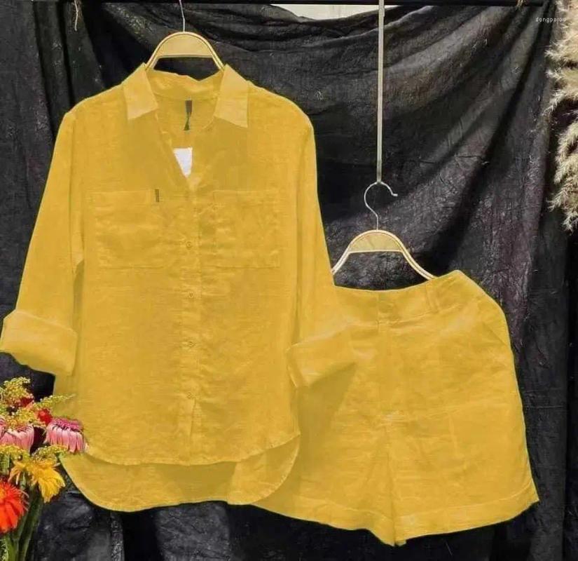 Women's Tracksuits Fashion White Long Sleeve Shirts And Shorts Two Piece Sets Women 2024 Summer Linen Casual Home 2 Set For Tops
