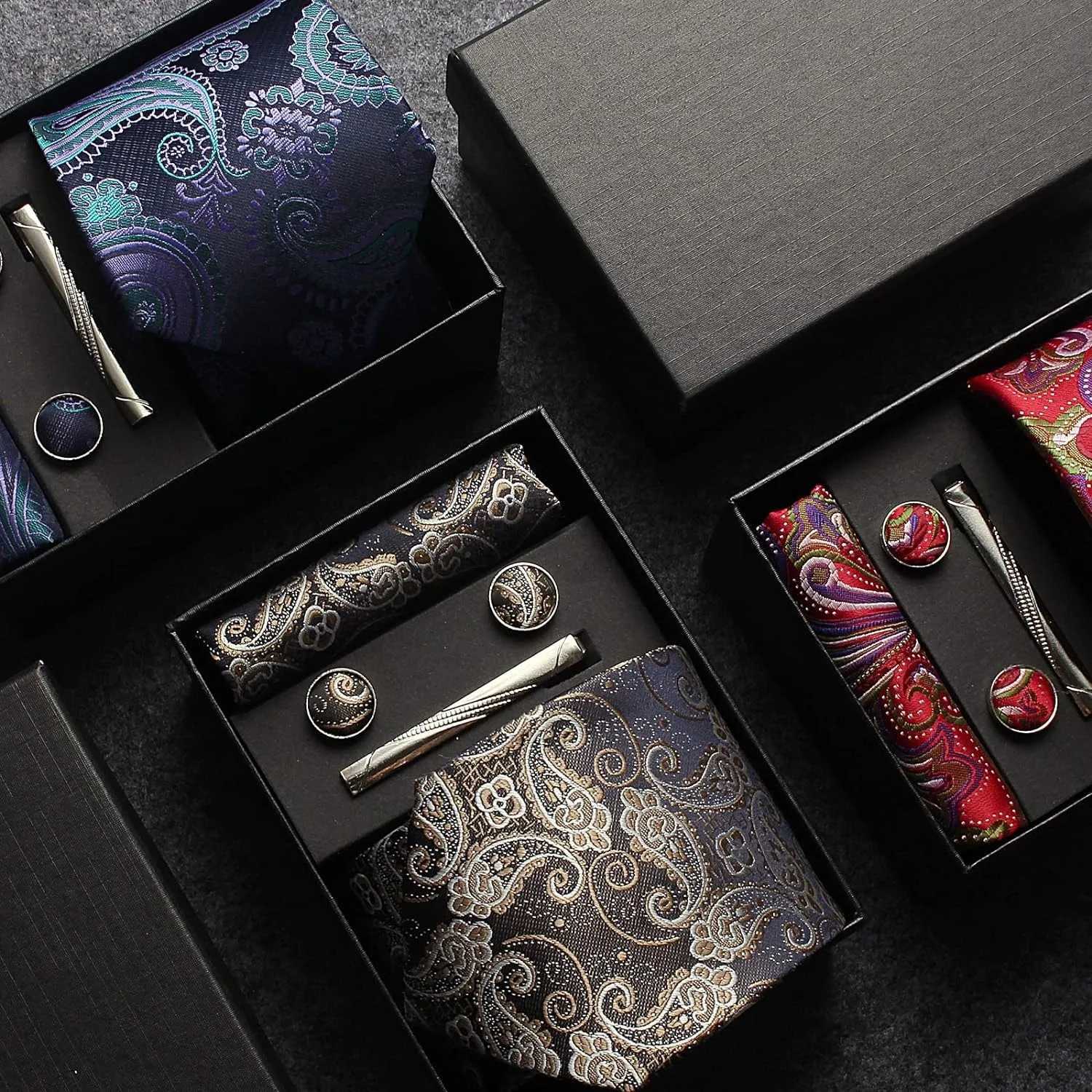 100% Silk Necktie Paisley Floral Mens Tie Top Quality Busin Tie Pocket Square Tie Clip Cufflinks Set Classic For Men Gift BoxX241109