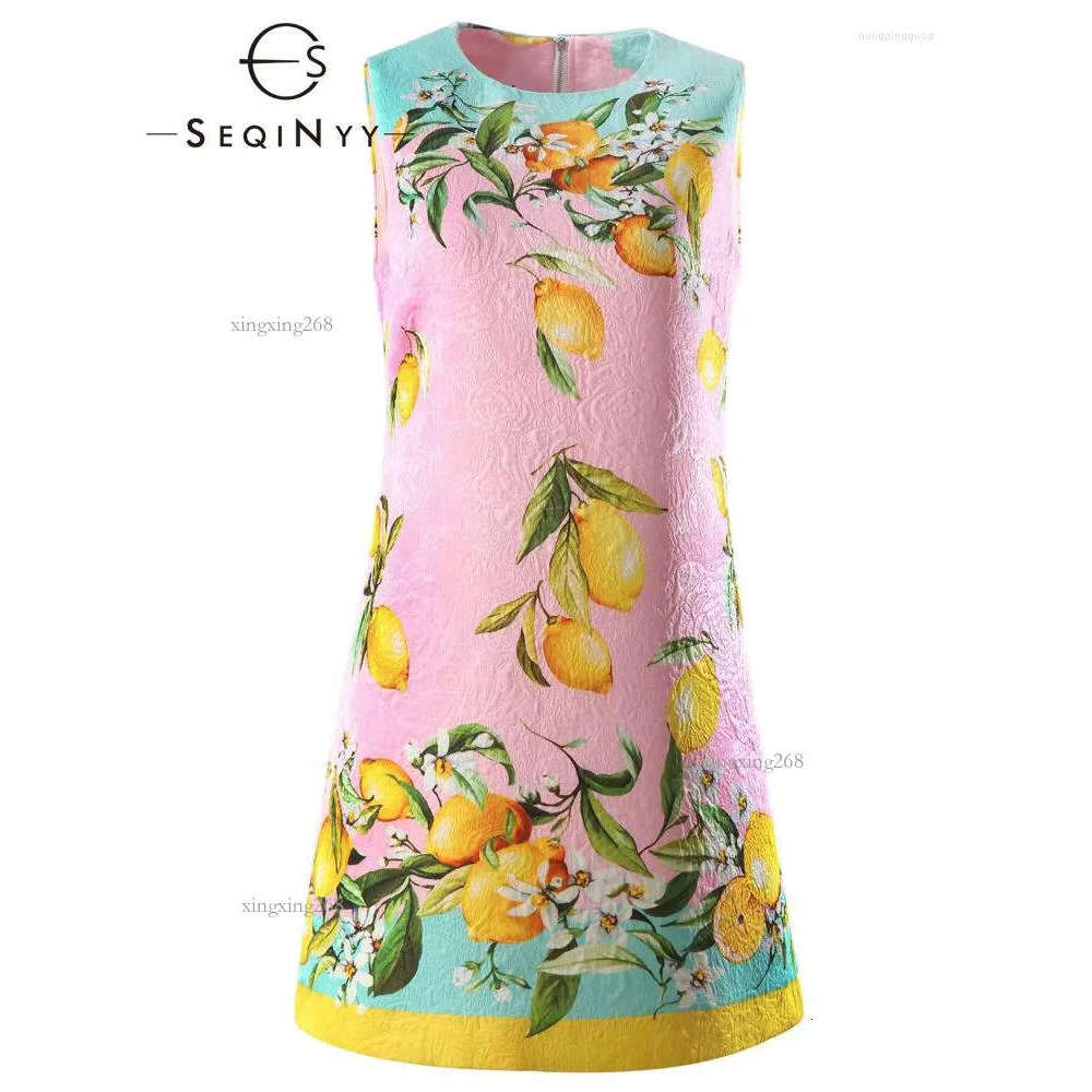 Casual Dresses SEQINYY Pink Mini Dress Summer Spring Fashion Design Women Runway High Quality Jacquard Sicily Lemon Print Slim Elegant
