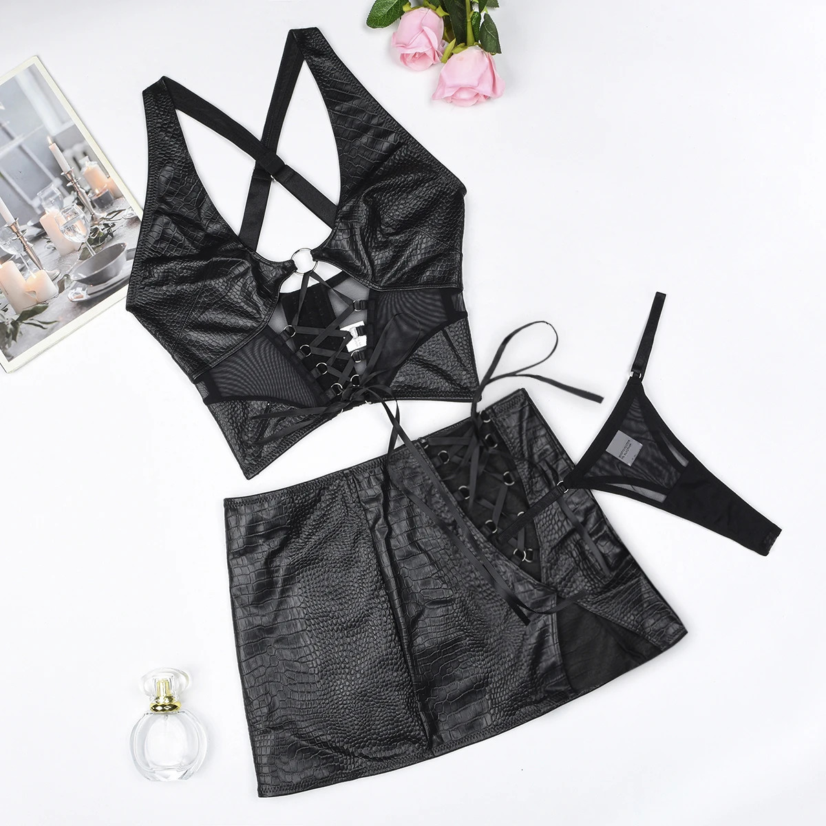 Ellolace Sexy Short Mini Skirts Sets for Women 2 Pieces Leather Outfit Lace Up Cross Bra Coquette Youthful in Matching 240401