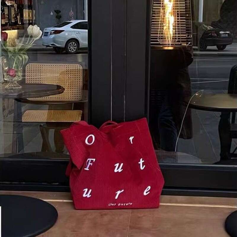 No problem, new red corduroy shoulder women. Versatile, large capacity, embroidered, simple tote bag for women