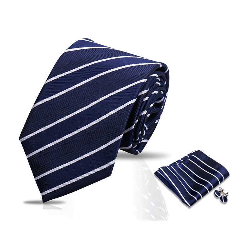 Luxurious Brand Designer Ties For Men Polyester Checkered Stripe Cufflinks Handkerchief Off Wedding Accories Necktie SetX241111