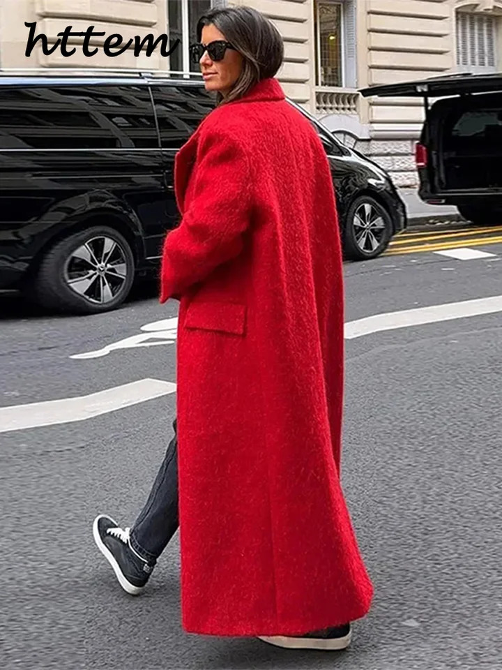 Street Wool Blended Womens Long Red Coat Loose Collar Single Chest Pocket Coat Autumn Winter Womens Solid Street Clothing 241108