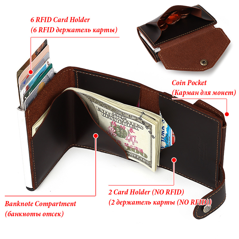 HUMERPAUL Cowhide Men Business Aluminum Cash ID Card Holder RFID Slim Metal Wallet Zip Coin Purse Automatic Pop Up Smart Wallets