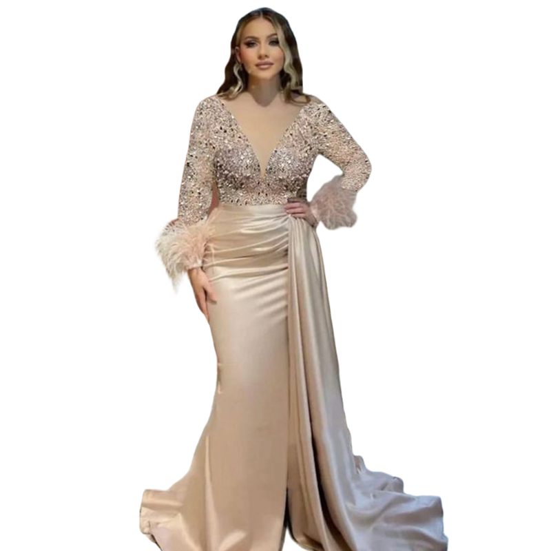 Elegant Champagne Mermaid Evening Dresses Beaded Feather Long Sleeves Illusion Deep V-Neck Sexy Bride Reception Dress Chic Satin Prom Party Formal Occ