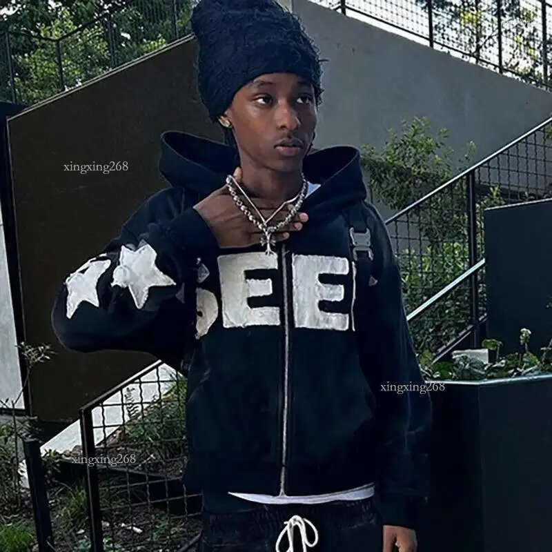 Men's Pants Y2K Hooded Sweatshirt Hip Hop Gothic Letter Patch Designs Streetwear Zip Up Hoodie Vintage Graphic American Retro Trousers