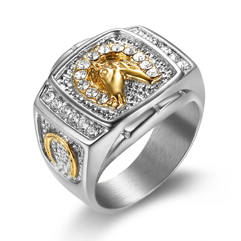 Hip Hop Stainless Steel Horse Head Casting Ring Gold Plated Gold Silver Color with Zircon