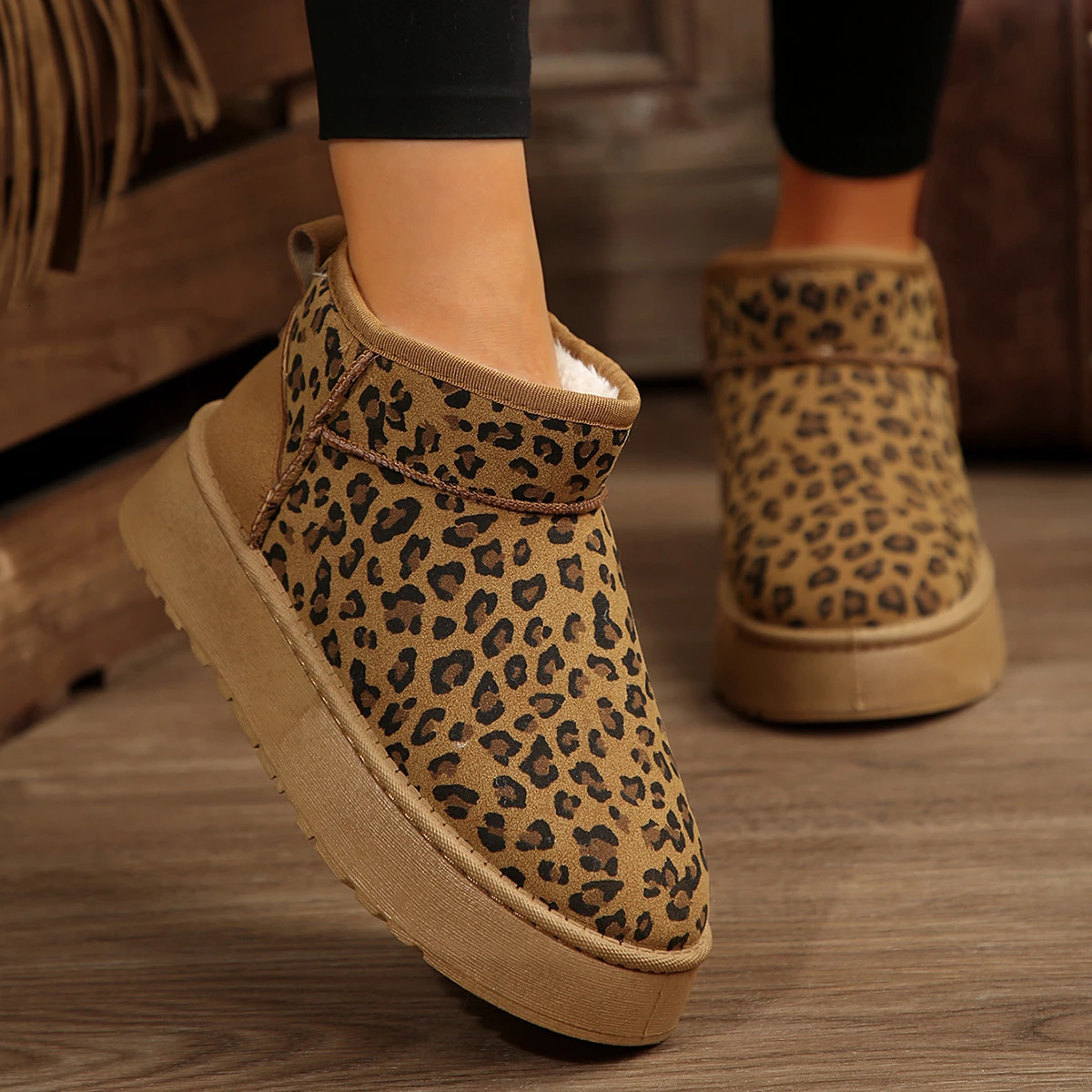 Womens Platform Shoes Winter High Quality Slip-on Snow Boots Leopard Print Daily Boots Round Toe Ankle Boots Women 241108