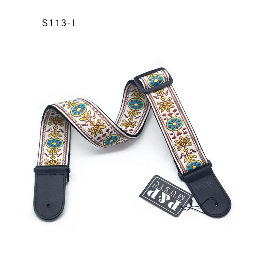 Guitar Strap Embroidery Belt Adjustable Jacquard Band with Leather End for Bass Acoustic Electric Folk Guitar Musical Instrument