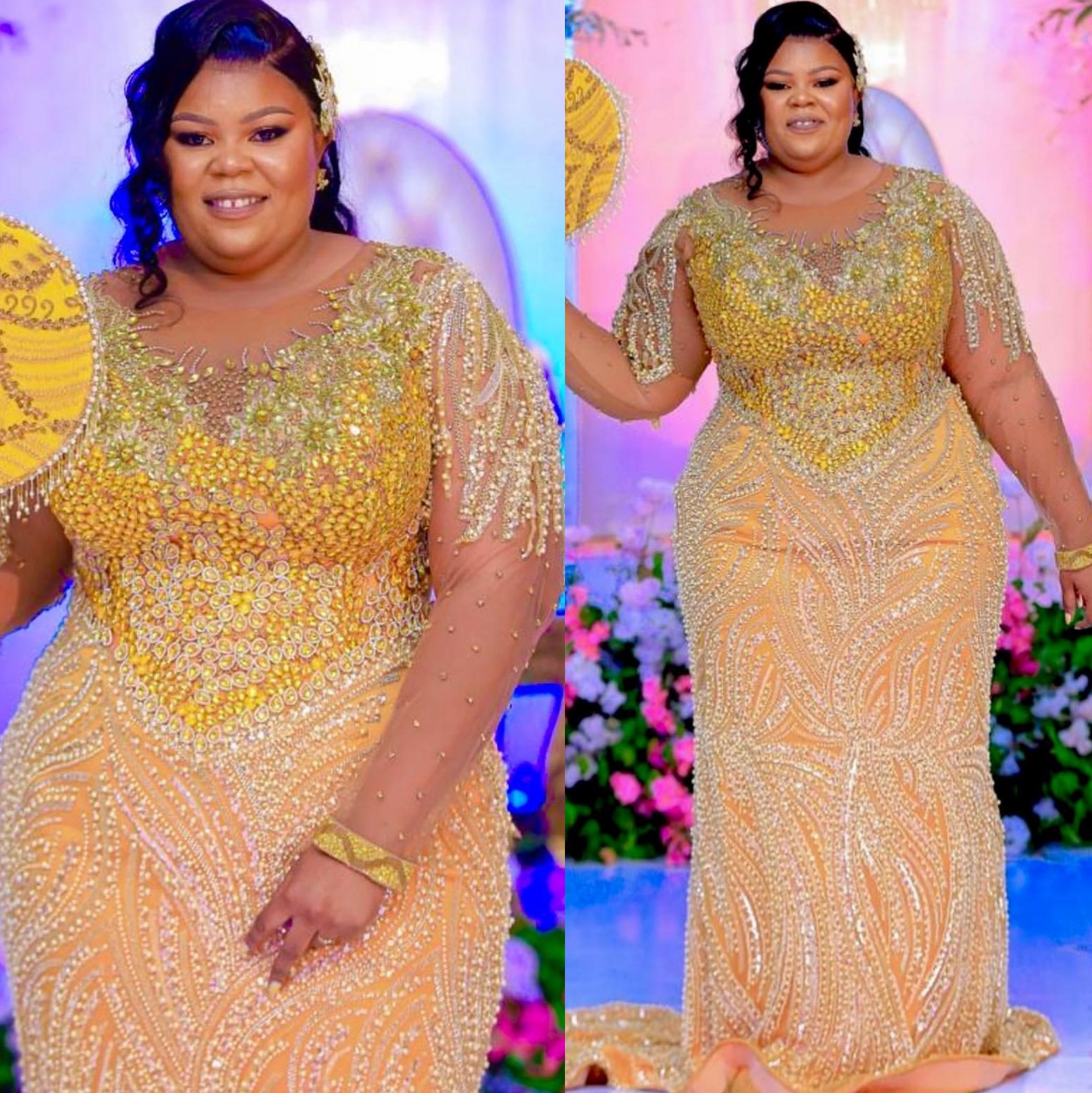 2024 Plus Size Gold Illusion Mermaid Prom Dresses For Special Occasions Rhinestones Full Sleeves Evening Party Birthday Gowns Dress For Women Vestidos