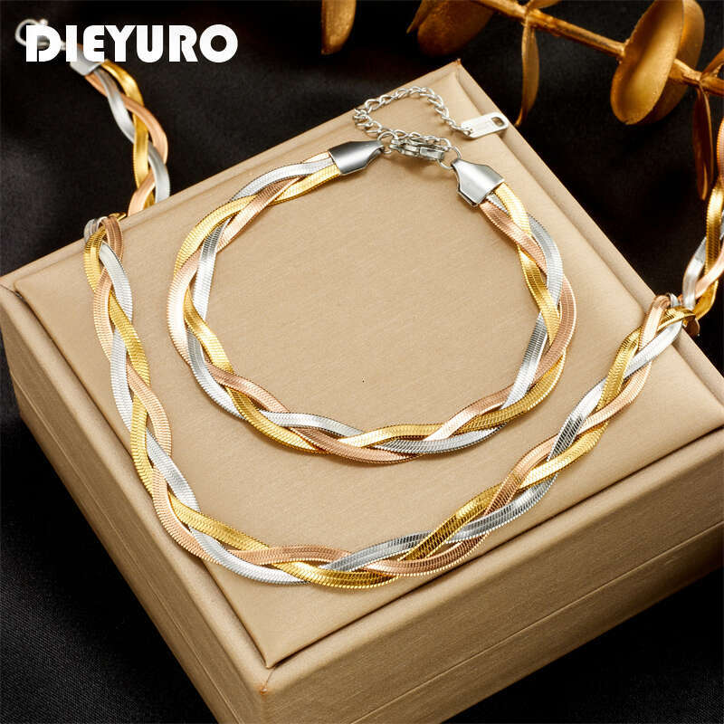 Stainless DIEYURO 316L Steel 3in1 Crossover Snake Chain Necklace Bracelets For Women Girl New Fashion Waterproof Jewelry Set