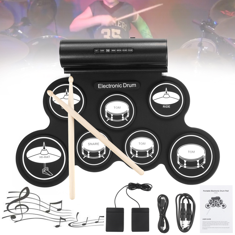 Electronic Drum Digital 7 Pads / 9 Pads Roll up Set Silicone Electric Drum Kit with Drumsticks Sustain Pedal Support USB