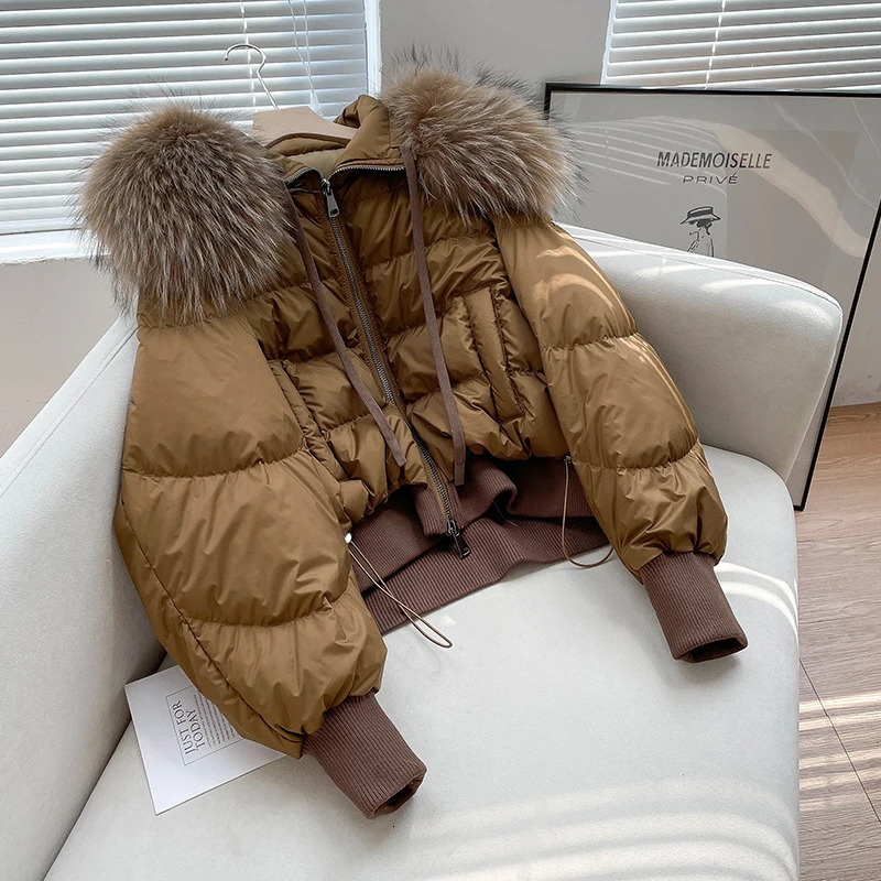 Janveny Short Puffer Coat Loose White Duck Down Jacket Womens Natural Raccoon Fur Thick Warm Womens Park Jacket 241108
