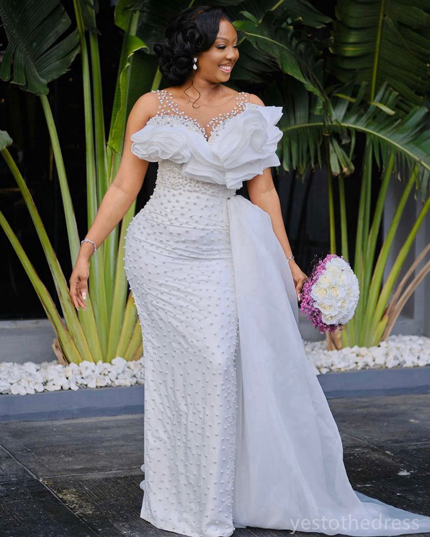 2024 Plus Size Mermaid Wedding Dress for Bride Illusion Bridal Gowns Sheer Neck Beaded Pearls Decorated Wedding Gowns for African Nigeria Black Women 