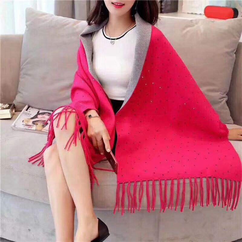 10 Colors Cloak Oversize Beading Crystal Scarf Winter Knitted Shawl Poncho Out Wear Coat Gift For Women Shinny Long Sleeves Wrap