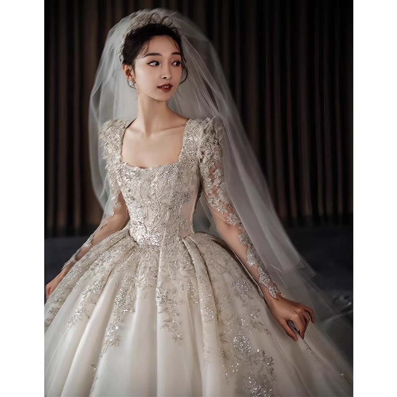 2024 New Dubai Arabic Wedding Sexy Crystals Beaded Ruched Sweep Train Bridal Gowns Robes Sequined Mesh Lace Long Sleeves A Line Pleated Dresses 0510