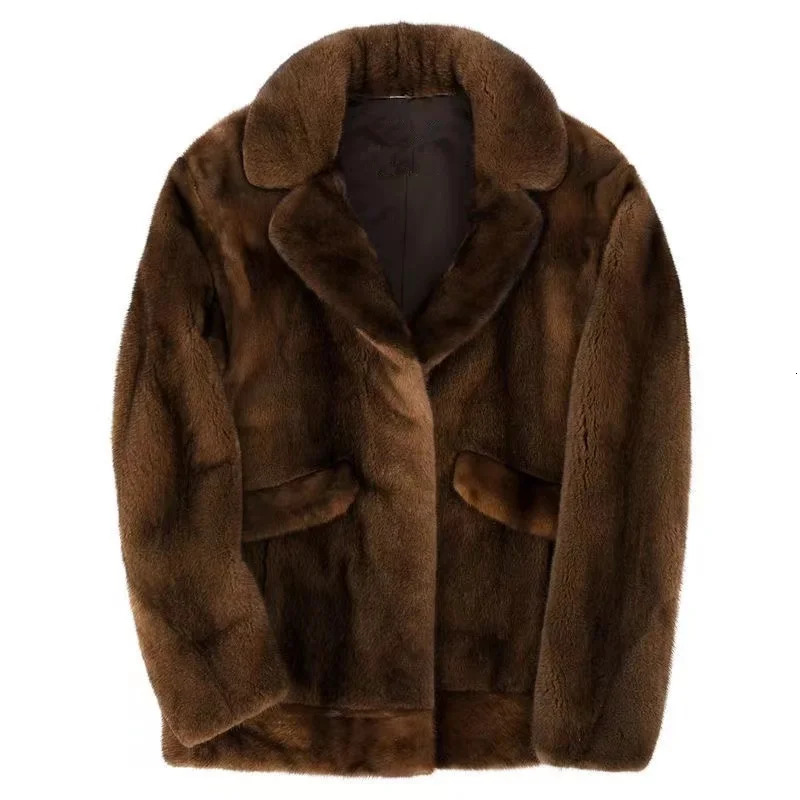 Fancy Rani Real Mink Coat Winter Mens Short Set Set Collar Imported Mink Jacket Black Brown Long Sleeve 241108
