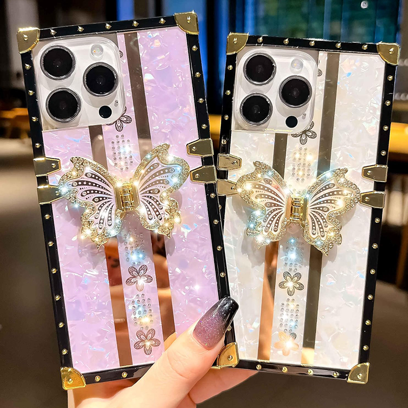 Luxury Glitter Diamond Butterfly Stand Square Cases Stand Metal Corner For iPhone 16 15 14 13 12 11 Pro Max Samsung S21 S23 FE S22 S24 Ultra A15 A35 A