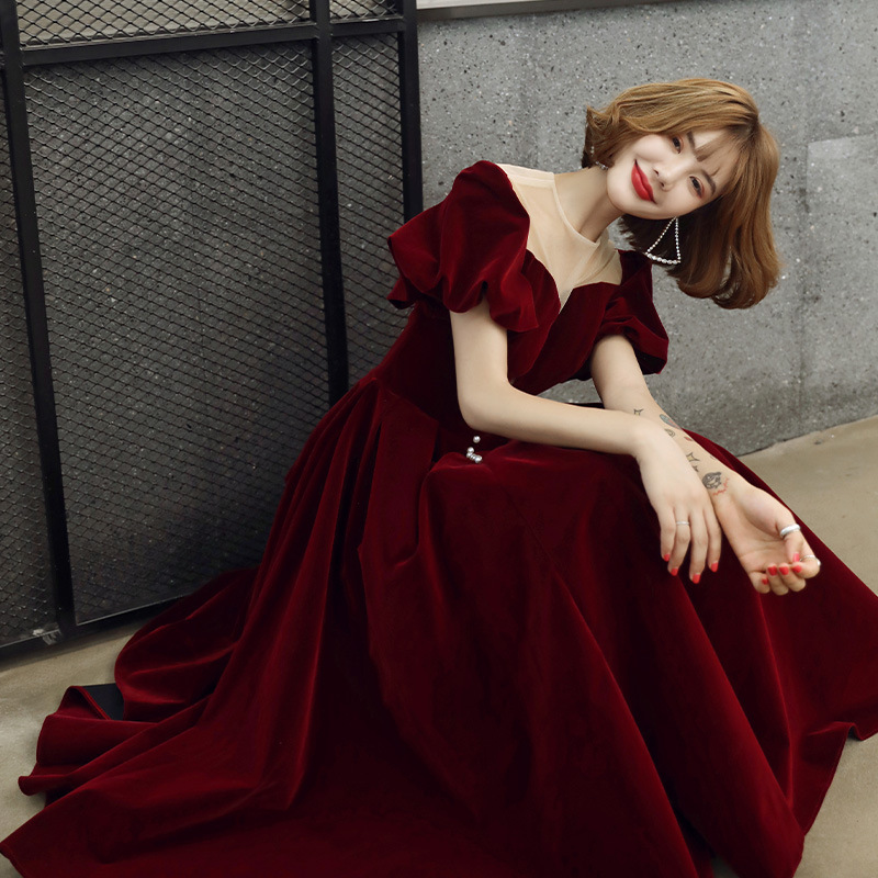 Mesh-satin Patchwork Cheongsam Pearl Puff Sleeve Qipao Bandage Evening Banquet Dresses Perspective Round Collar Sexy Vestidos