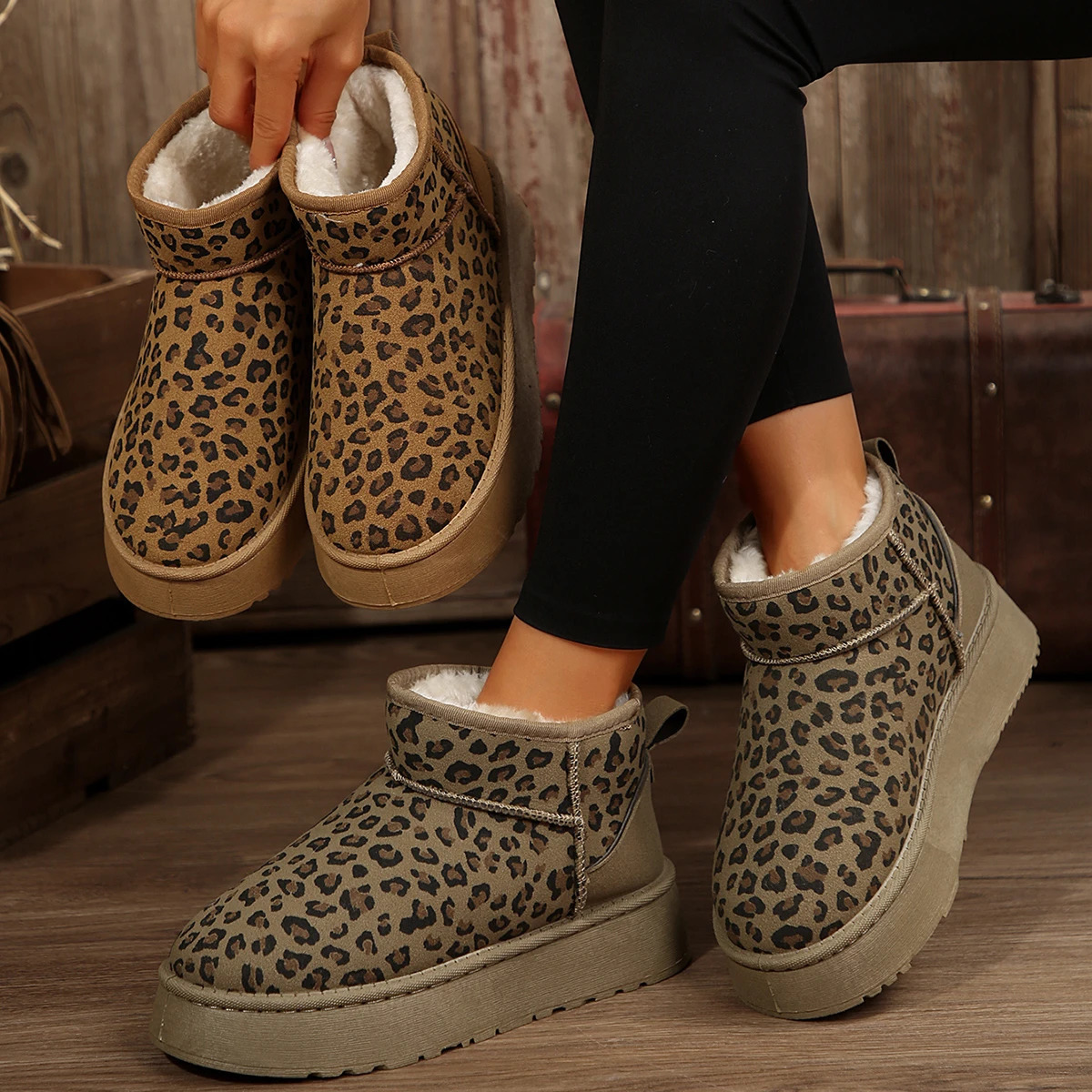 Womens Platform Shoes Winter High Quality Slip-on Snow Boots Leopard Print Daily Boots Round Toe Ankle Boots Women 241108