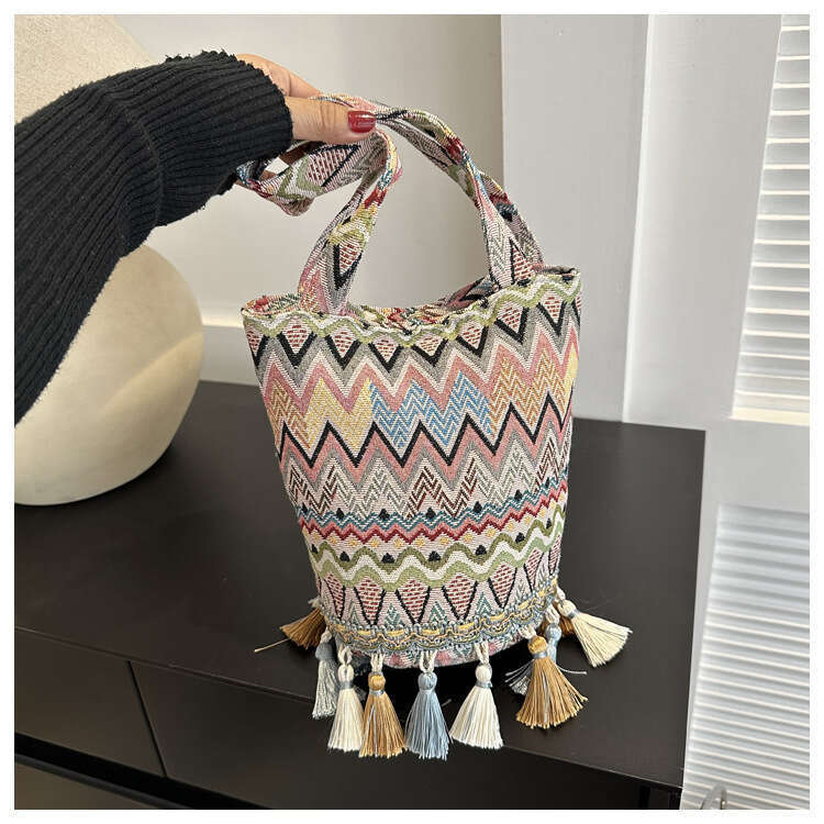 Ethnic Style Su Large Capacity Women's 2023 New Fashion Striped Handheld Leisure Single Shoulder Chinese Feng Shui Bucket Bag