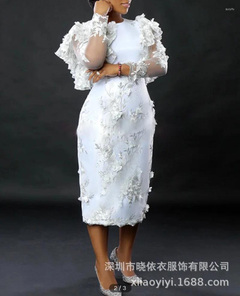 Casual Dresses Woman Clothing 2024 Embroiled Petals Lace Ruffles Long Sleeves Waist And Hip Wrap Loose White Africa Wedding