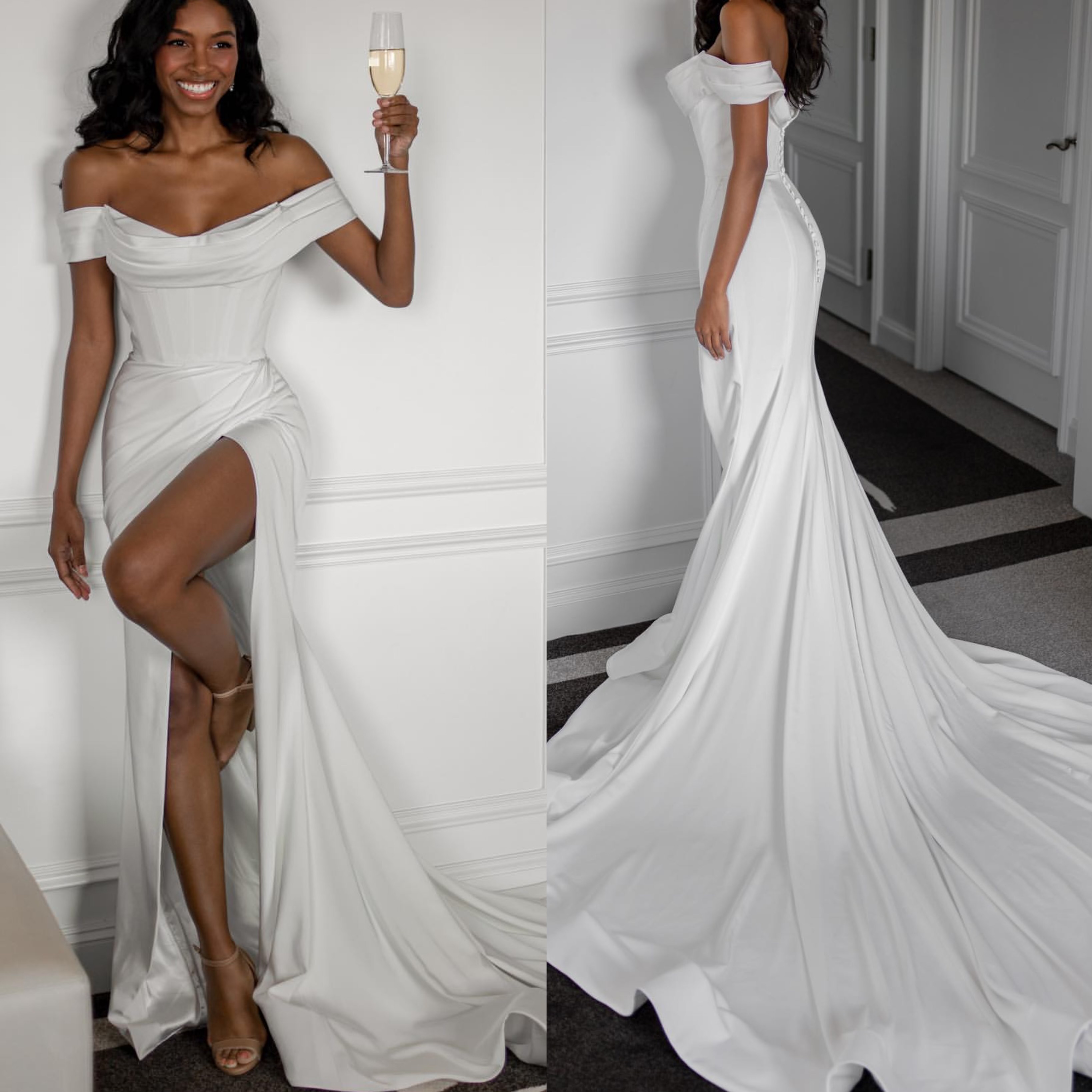 Fabulous Mermaid Wedding Dress For Off Shoulder Country Wedding Dresses Bridal Gowns Backless Split Boho Satin Bride Dress 0616