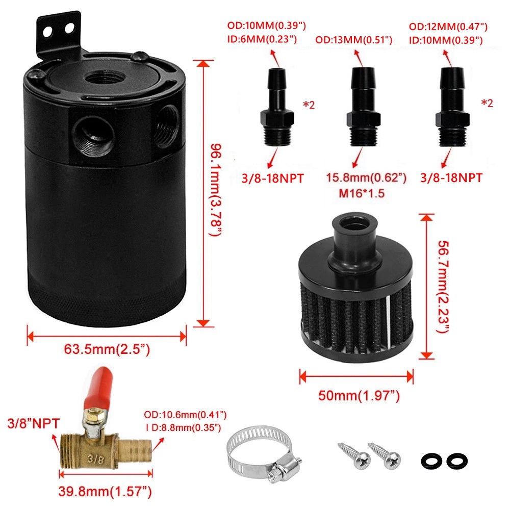 Universal Racing Baffled Aluminum Oil Catch Can Tank 2-Port/ 3-Port Reservoir with Drain Vae Breather Cylinder Filter Kit