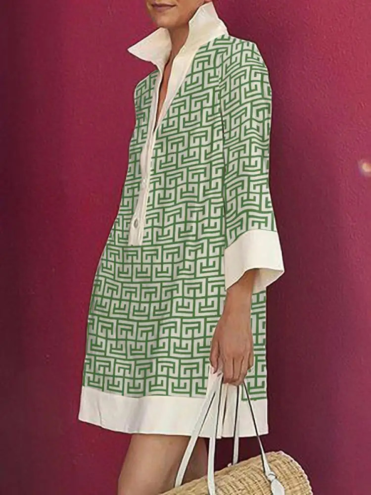 Lemongor Female Vintage Buttoned Printed Lapel Elegant Party Evening Dress 2023 Summer Casual Mini Dresses For Women 240327