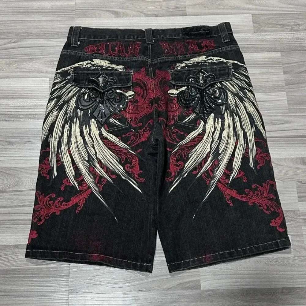 Gothic Hip-Hop Wings Oversized Pattern Printed Loose Denim Shorts For Men Y2k Retro Summer New Fashion High Street Popular Pants